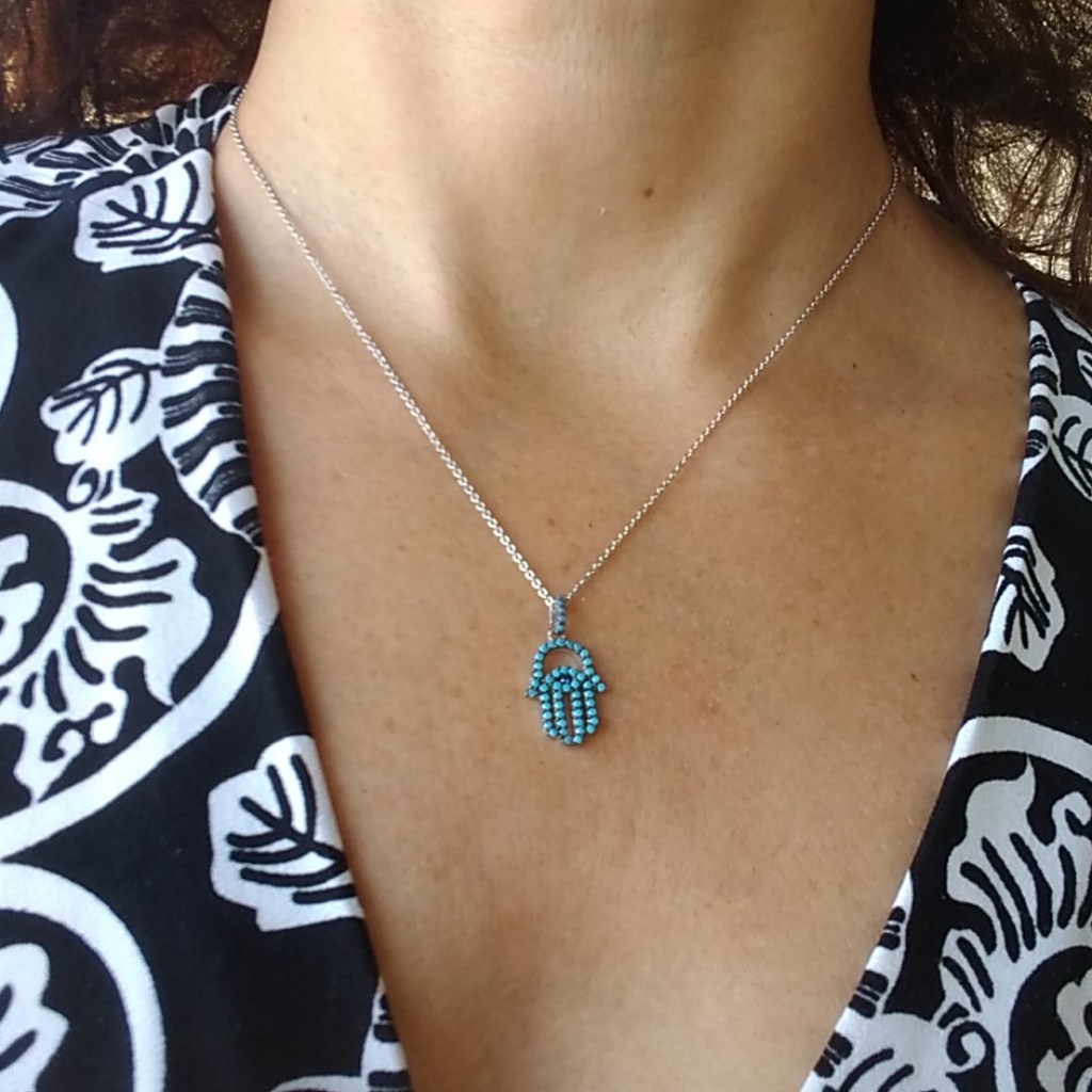 Silver/Aqua Crystal Hamsa Necklace